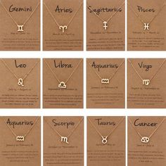 twelve zodiac necklaces with the names of each zodiac and their symbols in gold or silver