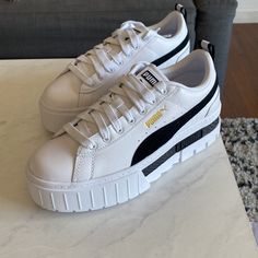 Brand New In Box Never Worn (Was Too Small For Me) Puma Mayze Platform Sneakers White & Black Size 8 Https://Us.Puma.Com/Us/En/Pd/Mayze-Womens-Sneakers/381983?Swatch=01 Puma Sneaker Outfit, Puma Mayze Outfits, Puma Sneakers Womens Outfit, Puma Sneakers Womens, Pink Puma Sneakers, Puma Shoes Women, Louis Vuitton Sneaker, White Slip On Sneakers, White Platform Sneakers