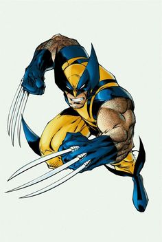 the wolverine is flying through the air with his claws extended and one hand on his hips