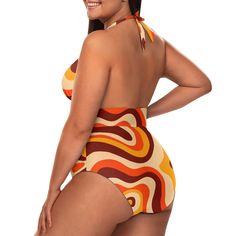 • Retro Swimsuit: Groovy 70s-inspired swimsuit with a vibrant abstract orange and brown stripe pattern. • Orange Stripe Halter Swimsuit: Features a deep V-neckline and a halter style top with an exposed back. • Vintage Style Swimsuit: Made from polyester and spandex for a comfortable and flattering fit. • Tummy Control: Ruched waistline enhances your shape and provides support. • Unique Swimsuit Find: Perfect for bringing back the disco era with a fun and distinctive design. Retro Orange Swimwear For Vacation, Retro Print Swimwear For Poolside, Retro Swimwear With Retro Print For Poolside, Retro Print Swimwear For Beach, Retro Print Swimwear For The Beach, Retro Swimwear For Beach Season, Retro Orange Swimwear For The Beach, Retro Orange Beach Swimwear, Retro Halter Neck Swimwear For Pool