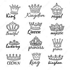 hand drawn crown logos with the words queen and prince