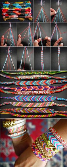 several different types of bracelets are being held by hands and stacked on top of each other