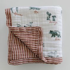 the baby blanket has animals on it and is folded up to show its name in red stripes