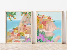 three framed art prints on a wall with an orange tree in the foreground and a colorful cityscape to the right