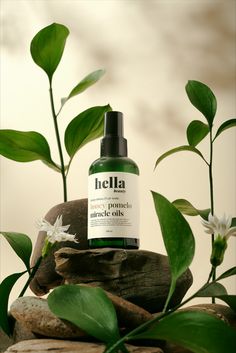 a bottle of hela organic argan oil sitting on top of some rocks and leaves