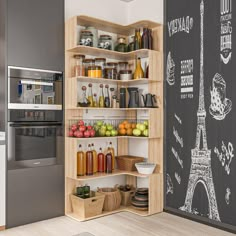 a kitchen with a chalkboard wall and wooden shelves filled with condiments, fruit, and vegetables