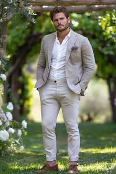 👉 Break Free from the Ordinary: Click the Link to Find Items and Other Outfits that Redefine Cool 👈  ///// Elegant beige suit and white shirt perfect for a summer garden party. Complete the look with brown leather shoes. White Summer Shirt