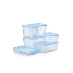 four plastic storage containers with lids on each side and one empty container in the middle