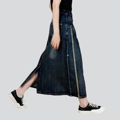 Make a timeless fashion statement in our Vintage Denim Skirt with Bands from the 2023 Autumn Collection! This chic, one-of-a-kind skirt is inspired by the iconic Y2K style, designed to elevate your wardrobe with a touch of rebellious sophistication.Why You'll Love It Y2K-Inspired Embroidery: Exuding classic charm, this skirt is detailed with intricate floral embroidery along the rise and hem. Long & Elevated-Waisted: This skirt hits the perfect spot on your midriff, creating a flattering silhoue Distressed Dark Wash Denim Skirt, Vintage High-waisted Dark Wash Denim Skirt, Vintage High-rise Dark Wash Denim Skirt, Luxury Dark Wash Denim Skirt, Chic Dark Wash Full-length Denim Skirt, Vintage Denim Skirt, Womens Denim Skirts, Dark Blue Color, Embroidered Denim