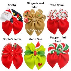 Gingerbread, Tree Cake, Peppermint Swirl and Santa Neoprene Bubble Sailor Hair Bows These soft, Christmas characters and shapes neoprene sailor bows can be quickly cut and assembled for a trendy holiday season bow. They're ideal for easy at-home styling, individual use, or even resale. These bows include Santa, the Mean One, a gingerbread man and other Christmas elements. Get creative and add a splash of color to your look with these low-maintenance bows – perfect for this upcoming festive seaso Hair Bow Bouquet, Christmas Fabric Bows, Christmas Hair Bow Ideas, Christmas Hair Bows Diy, Christmas Cheer Bows, Easy Hair Bows, Spring Crafts Preschool, Christmas Shapes, Gingerbread Tree