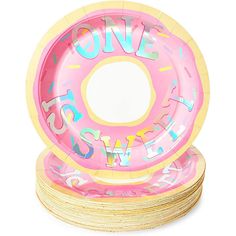 pink and yellow paper plates stacked on top of each other with the words give joy to all