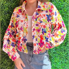 Fun Floral Printed Corduroy Jacket With Button Closure On Front. Bubble Sleeves With Oversized Fit. Multicolor Cotton Outerwear For Day Out, Multicolor Single-breasted Outerwear For Spring, Spring Multicolor Single-breasted Outerwear, Multicolor Single-breasted Spring Outerwear, Spring Retro Button-up Outerwear, Retro Spring Button-up Outerwear, Retro Button-up Spring Outerwear, Trendy Floral Print Button-up Outerwear, Multicolor Button-up Outerwear For Spring