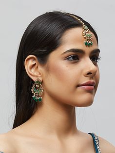 Beautiful kundan earrings with stones and pearls, plus matching mang tikka Traditional Indian Jewelry: Slight Color variations are possible due to lighting and photography. If you are interested in purchasing this item and have any additional questions about this item, please feel free to email us at nazranaanj@gmail.com. For faster responses, call us at 732-283-1808 or WhatsApp us at 609-852-9922 Care instructionsKeep Jewelry away from direct heat, water, perfumes, deodorants and other strong - Kundan Temple Jewelry Earrings For Reception, Temple Jewelry Kundan Earrings For Receptions, Festive Jeweled Chandbali Tikka, Traditional Jeweled Pearl Earrings For Wedding, Festive Jeweled Pearl Earrings For Wedding, Kundan Pearl Earrings For Diwali Reception, Kundan Danglers With Stone Work For Reception, Diwali Kundan Pearl Earrings For Reception, Green Kundan Chandbalis For Reception