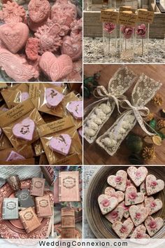 wedding cookies and favors are arranged on the table