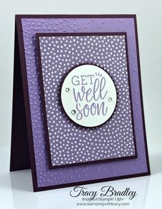 a card with the words get well soon written in purple and white dots on it