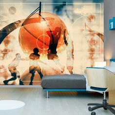 a basketball themed wallpaper in a bedroom