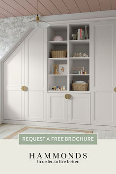 a white bookcase with the words request free brochure hammonds in order to live better