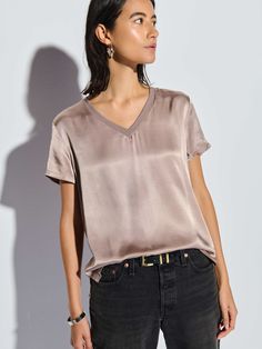 The V neck version of your favorite luxe Hammered Satin tee with a laid-back ribbed neckband. Sexy, effortless, and already a classic. (This one comes in Mushroom.) | Women's June Short Sleeve Top in Mushroom | Ethical Essentials Nation Ltd, Sunday Dress, New Tops, Sweater Blouse, V Neck Tee, Denim Dress, Clothes For Sale, Dresses For Sale, Short Sleeves Tops