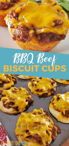 beef and cheese mini biscuit cups in a muffin tin with text overlay