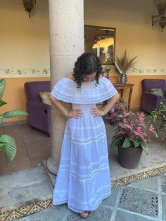 Beautiful long peasant dress with lace details, and spring at the waist made by an artisan from the state of Oaxaca, Mx. This dress is one size fits all size S/M/L This beautiful dress is made with a blanket and ribbed lace detailing at the waist for a comfortable fit. We ship anywhere in the world, from Tepic, Nayarit, MX. We recommend hand washing with cold water, gentle to the shade, to better preserve the original color Mexican Dresses Traditional, Hispanic Clothing, Mexican Traditional Clothing, Mexico Dress, Spanish Clothing, Traditional Mexican Dress, Spanish Dress, Hispanic Culture, Mexican Fashion