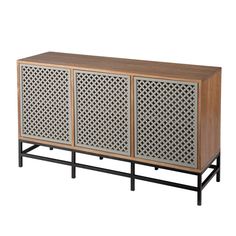 the sideboard is made out of metal and wood with perforsants on it