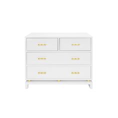 a white dresser with gold handles and drawers on the bottom, against a white background