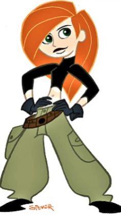 a drawing of a woman with red hair and green pants, wearing black shirt and brown belt