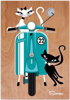 two cats riding on the back of a scooter