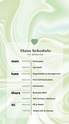 the class schedule is shown with green and white swirls on it's side