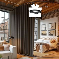 a bedroom with brick walls and wooden floors, white furniture, and curtains on the window sill