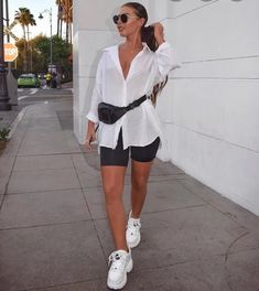 How to Wear a Shirt Dress — 10 Amazing Outfit Ideas – Svelte Magazine Ig Outfits, Cycling Shorts Outfit, Bike Shorts Outfit, White Shirt Outfits, Biker Shorts Outfit, Nalu, Cycling Shorts, Mode Inspo, Looks Style