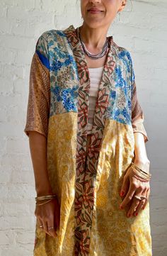 "This is one of a kind upcycled vintage silk kimono robe  Made patchwork style  Medium length, with easy wrap tie closing long and flowy lighweight outfit for everyday around the house or as a beach cover up and party funky robe   perfect on its own or layered over with jeans and t shirt  MEAESURE Free size  length 38\" more available at  https://www.etsy.com/shop/AltheaStores? Thank you for looking" Distressed Clothes, Distressed Outfit, Kimono Beach Cover Up, Easy Wrap, Kimono Shirt, Silk Kimono Robe, Short Kimono, Bohemian Rhapsody, Womens Robes