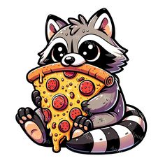 a raccoon eating a slice of pizza with cheese and pepperoni on it