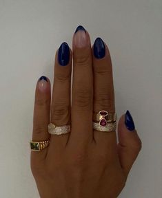 Navy Nail Tips, Navy Almond Shaped Nails, Nails Acrylic January, Almond Nails Navy Blue, Navy Acrylics, Navy Nails Acrylic, Navy Blue Almond Nails, Navy French Tip Nails, Navy Nail Designs