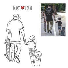 an adult and child holding hands while walking with their skateboards in front of them