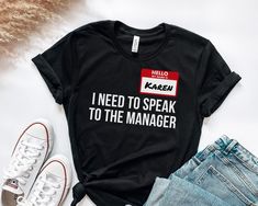 "Welcome to DnB Design Studio!! ✨ To shop more Halloween apparel/costumes, click here: https://www.etsy.com/shop/DnBDesignStudio?ref=usf_2020&section_id=35594064 Hello My Name Is Karen I Need To Speak To The Manager Shirt, Karen Shirt, Halloween Costume, Halloween Gift, Karen Halloween, Halloween Tee 📦 PRODUCTION TIME: Your order should take 4-8 business days to arrive at your door via USPS. Processing: 2-3 business days Standard Shipping: 2-5 business days after production time 📏SIZING: All o Karen Tshirt, Karen Halloween Costume, Percy Jackson Merchandise, Seaside Shirt, Stranger Things Halloween, Halloween Costume Kids, Shirt Company, Adult Halloween Costumes, Halloween Tees