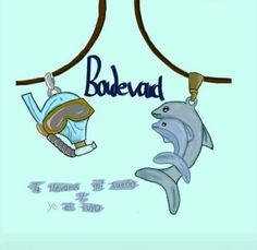 two dolphins are swimming in the water and one is wearing a diving suit with words above it