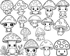 cartoon mushrooms with faces and eyes coloring pages for kids to print on the wall or use as