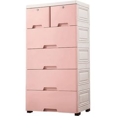 a pink and white dresser with five drawers