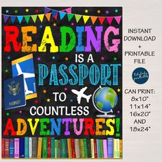 a poster with the words reading is a passport to countless adventures and an airplane on it