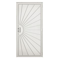 a white door with a sunburst design on the front and side paneling