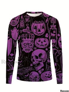 Russoo - Mens Street Long Sleeve Crew Neck T-shirt with Halloween-Inspired Anime Pattern, Perfect for Spring and Fall Seasons Themed Long Sleeve Tops With Cartoon Print, Themed Long Sleeve Top With Cartoon Print, Halloween Black Tops With All Over Print, Horror Graphic Print Long Sleeve T-shirt, Halloween-themed Black Top With All Over Print, Punk Style Crew Neck Top With Cartoon Print, Black Halloween Print Tops, Black Crew Neck Top For Halloween, Black Tops With All Over Print For Halloween