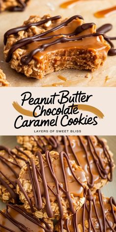 peanut butter chocolate caramel cookies are stacked on top of each other