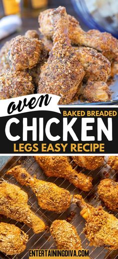 baked chicken legs on a grill with the title overlay reading oven baked chicken legs easy recipe