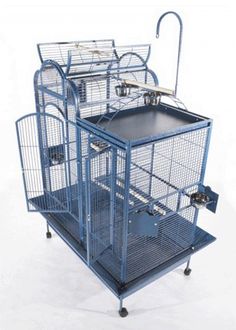 a blue bird cage with wheels and two trays on each side, in front of white background