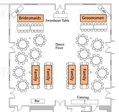 the floor plan for an event venue with tables and chairs, seating areas are labeled in orange