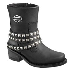 Harley-Davidson Performance, Riding Appropriate* Women's Kellyn Black Leather Motorcycle Boots. Uppers Made From The Best Full Grain Leather Available, Featuring A Full-Length Soft Cushioned Sock Lining. Fashion Features Include Three Studded Dangle Straps And A Silhouette Harley Bar & Shield Logo On The Side. They Also Feature Durable Ykk Locking Inside Zippers For Ease Of Putting On And Taking Off. Total Height 8"; Shaft Height: 6"; Heel Height: 2". Finished With A Rubber Outsole For Easy Walk Black Steel Toe Biker Boots, Black Biker Waterproof Boots With Steel Toe, Black Biker Style Waterproof Boots With Steel Toe, Biker Style Moto Boots With Round Toe For Riding, Biker Style Steel Toe Moto Boots, Black Biker Moto Boots For Riding, Black Moto Boots For Winter Riding, Black Biker Style Waterproof Boots For Motorcycling, Black Biker Waterproof Boots For Motorcycling