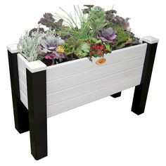 a white planter filled with lots of plants