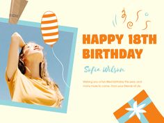 a birthday card with an image of a woman flying a kite and holding a gift box