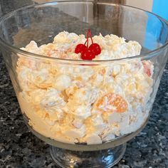 a bowl filled with food sitting on top of a counter